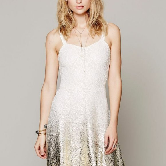 NWT Free People Fit & Flare Mini Dress Ivory Gold Foil Ombre  Lace Boho.  SZ S - Picture 4 of 8